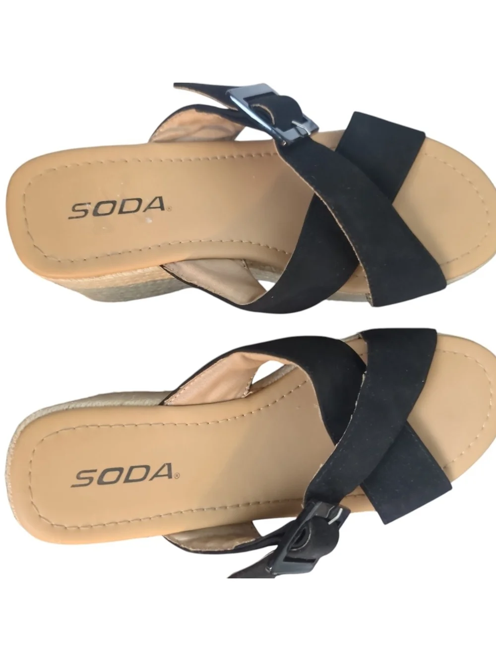 Soda Black Espadrille Platform Wedge Slide Sandals Sz 7.5 CrissCross Buckle Boho